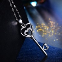 Valentine Key Hearts Key Pendant Necklace in Sterling Silver
